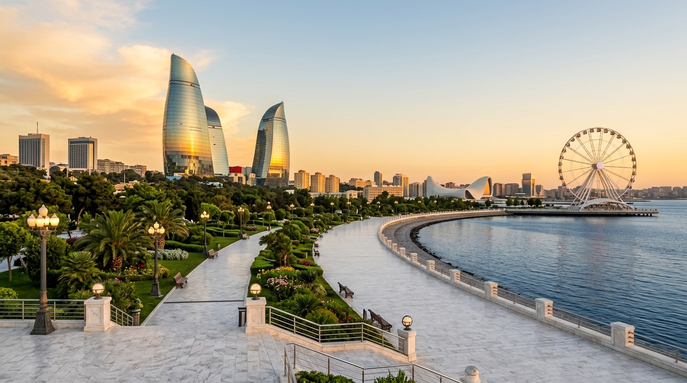 السياحة في باكو أذربيجان - كورنيش وبوليفارد باكو مع أبراج الشعلة - ترافليون